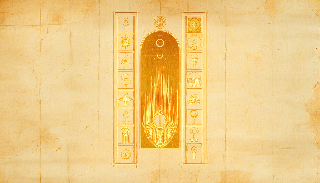 An arched gate of nine engraved panels