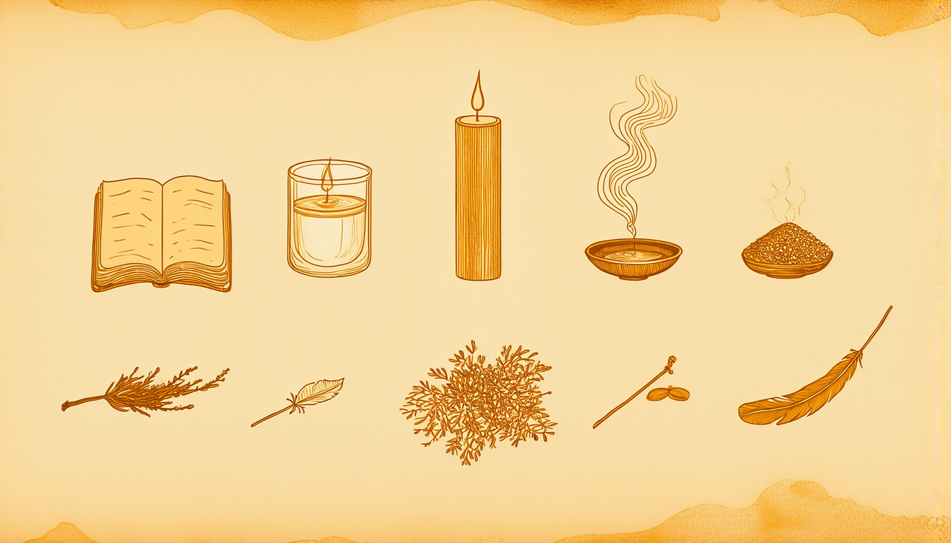 Eight ritual implements arranged in rows
