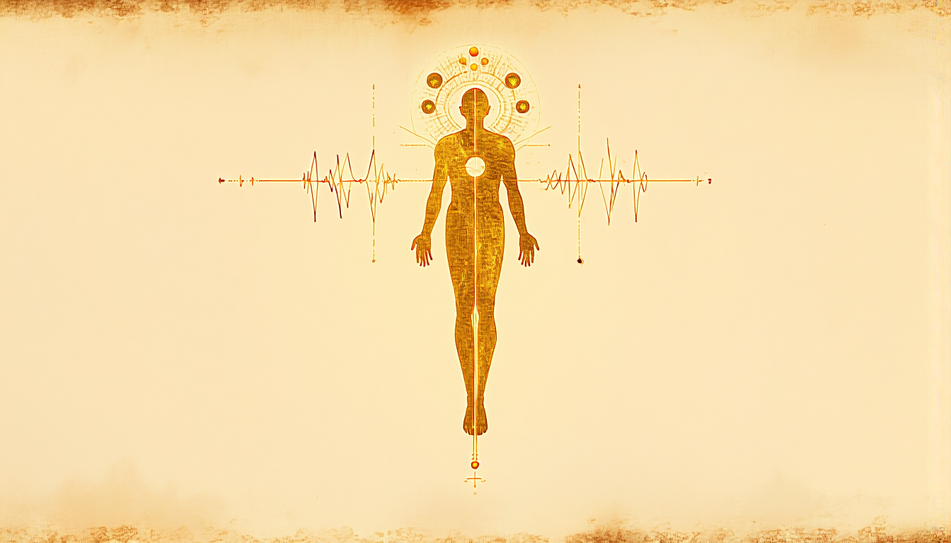 A human figure with a dial, waveform, and ring of moon phases