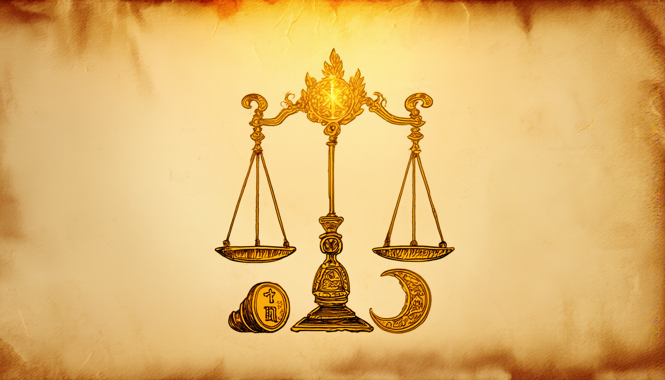 Scales of judgment over a crescent moon with a wax seal