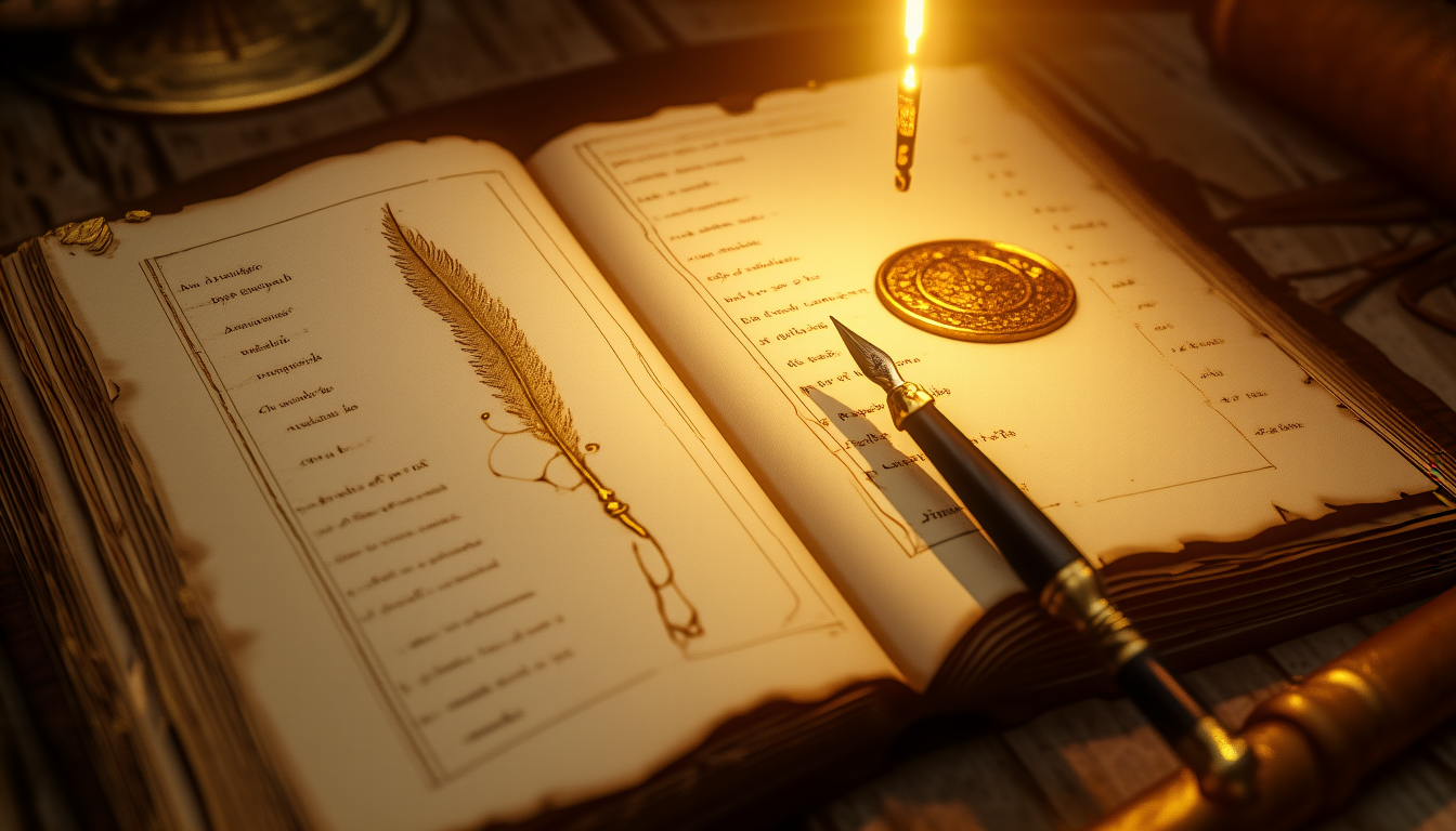An open ledger with engraved columns and a wax seal
